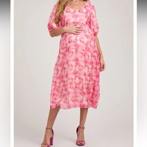 PinkBlush Dainty Coquette Puff Sleeve Tiered Floral Midi Maternity Dress 1X